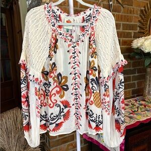 Beaded FARM Rio Cream and Red Floral Blouse